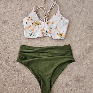 SHEIN Floral White and Green Bikini